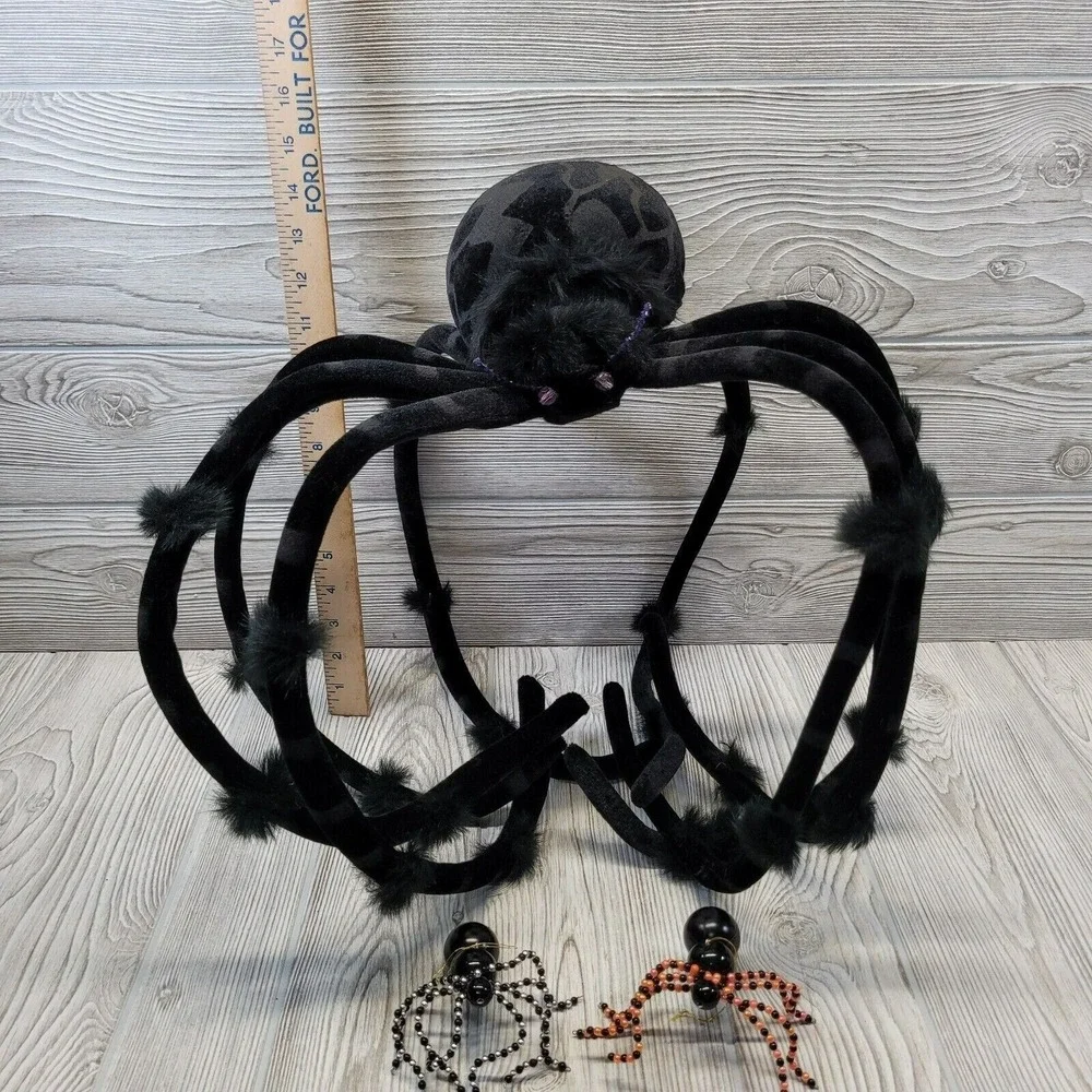 Unbranded Halloween Spider Decor Set Black Large Plush and Beaded Ornaments‎